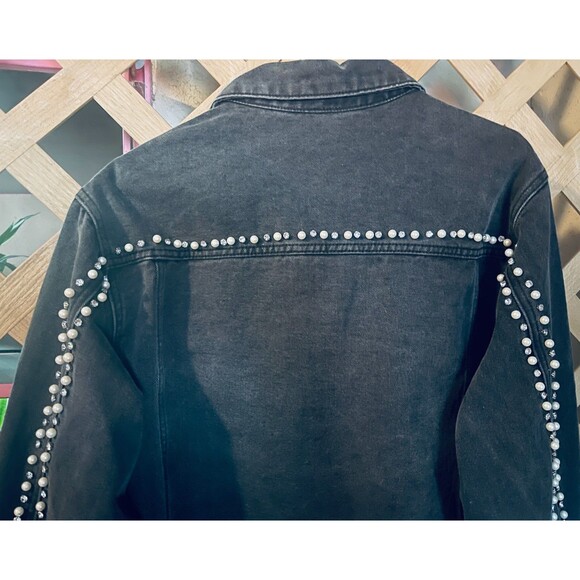 SAVANNAH JANE Pearls & Rhinestones Black Distressed Denim Boho Jacket 1X - Picture 8 of 12